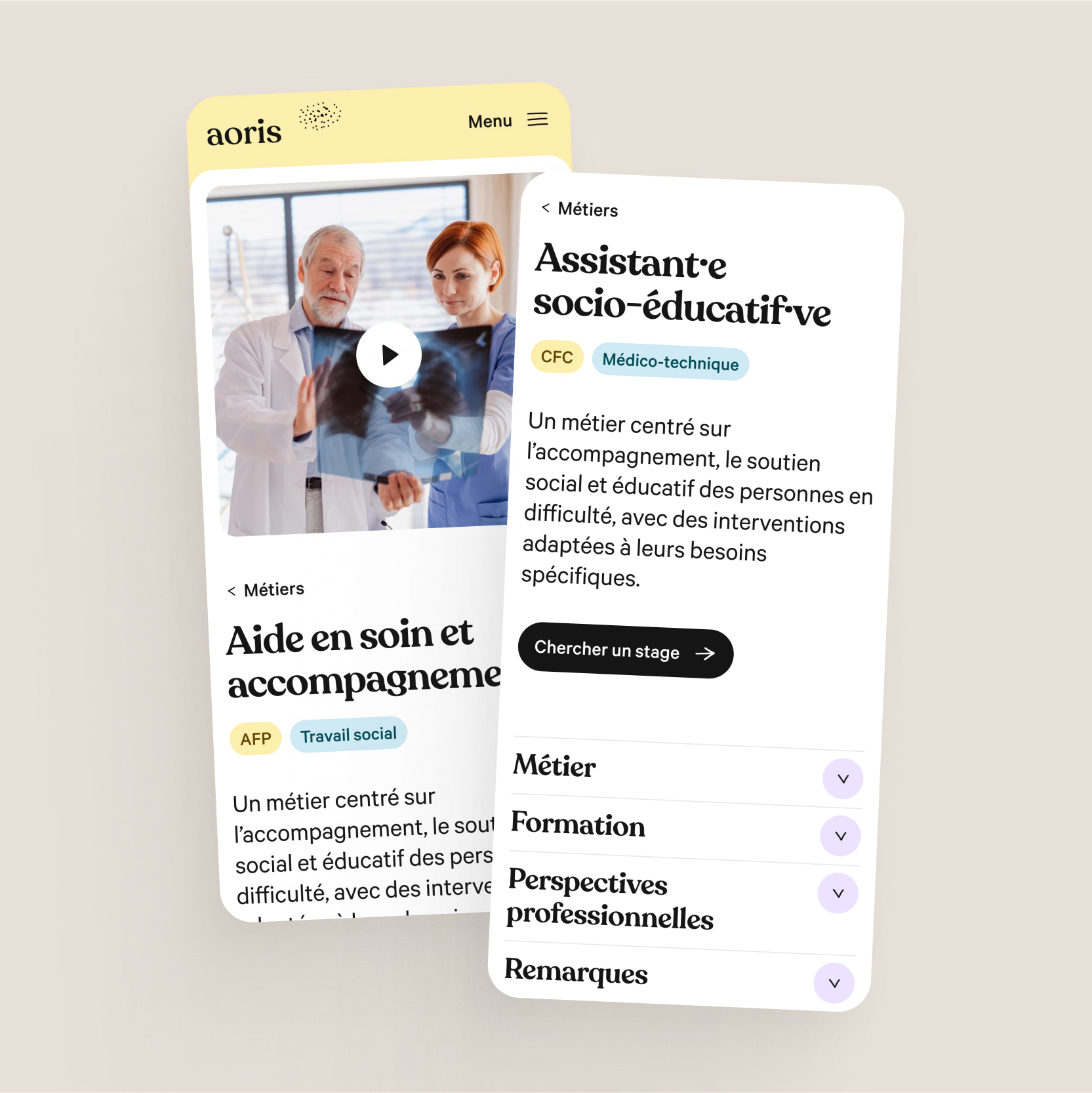 Maquettes mobile pour Aoris.